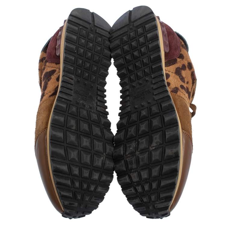 Pre Owned Valentino Brown Animal Print Calf Hair, Suede and Leather Rockrunner Low Top Sneakers Size 39.5