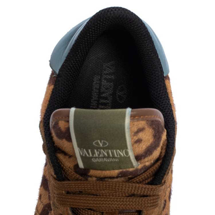 Pre Owned Valentino Brown Animal Print Calf Hair, Suede and Leather Rockrunner Low Top Sneakers Size 39.5