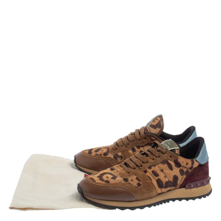 Pre Owned Valentino Brown Animal Print Calf Hair, Suede and Leather Rockrunner Low Top Sneakers Size 39.5