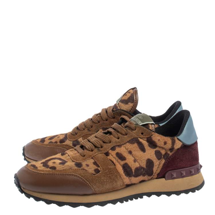 Pre Owned Valentino Brown Animal Print Calf Hair, Suede and Leather Rockrunner Low Top Sneakers Size 39.5