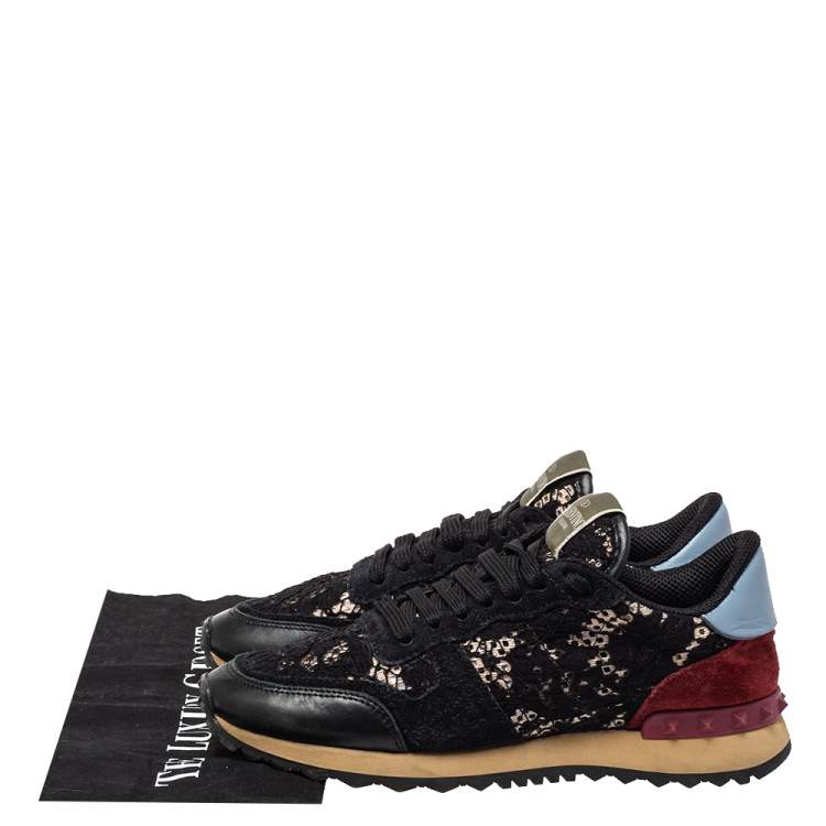 Pre Owned Valentino Black Leather And Lace Rockrunner Sneakers Size 37