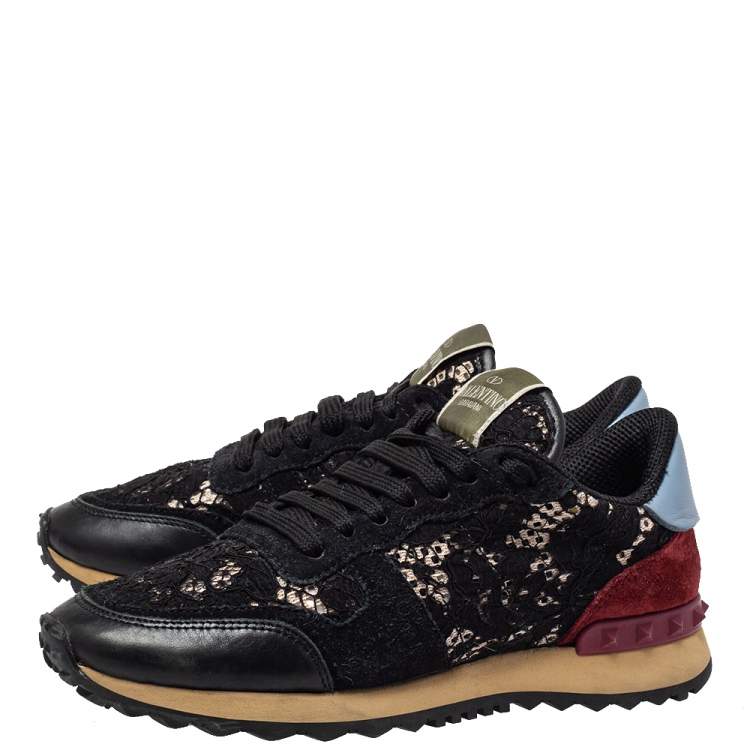 Pre Owned Valentino Black Leather And Lace Rockrunner Sneakers Size 37