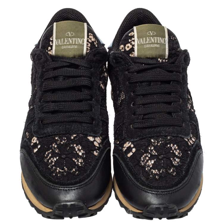 Pre Owned Valentino Black Leather And Lace Rockrunner Sneakers Size 37