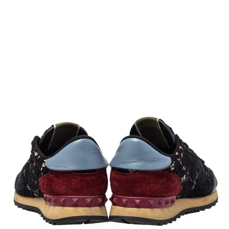 Pre Owned Valentino Black Leather And Lace Rockrunner Sneakers Size 37