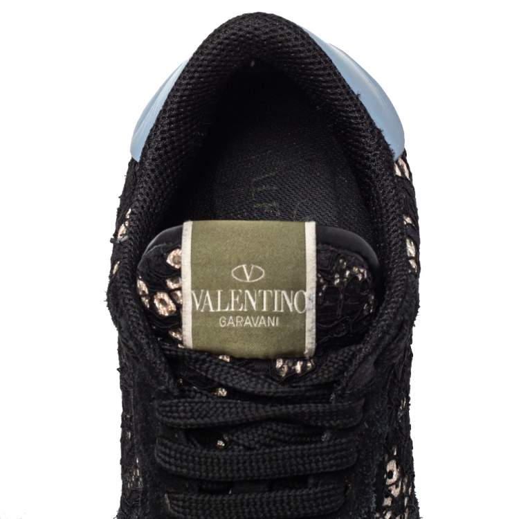 Pre Owned Valentino Black Leather And Lace Rockrunner Sneakers Size 37