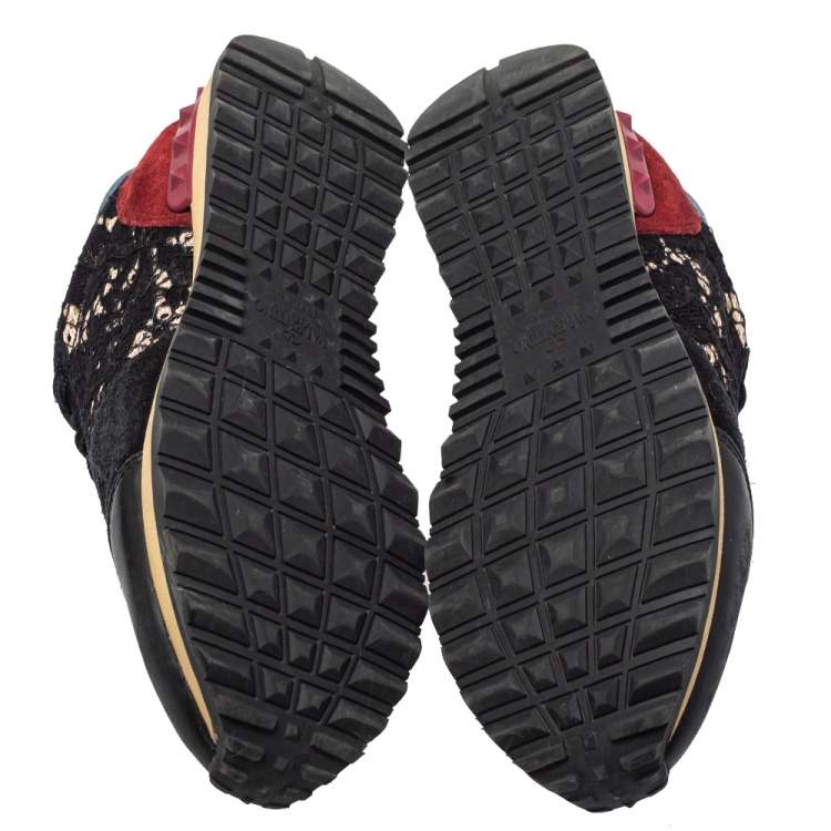 Pre Owned Valentino Black Leather And Lace Rockrunner Sneakers Size 37
