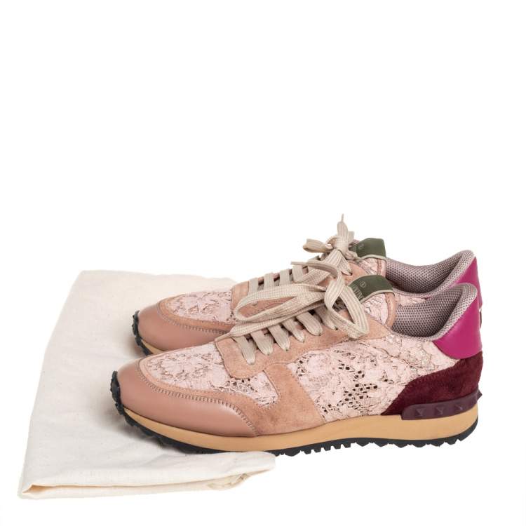 Pre Owned Valentino Pink Lace And Leather Rockrunner Sneakers Size 39.5