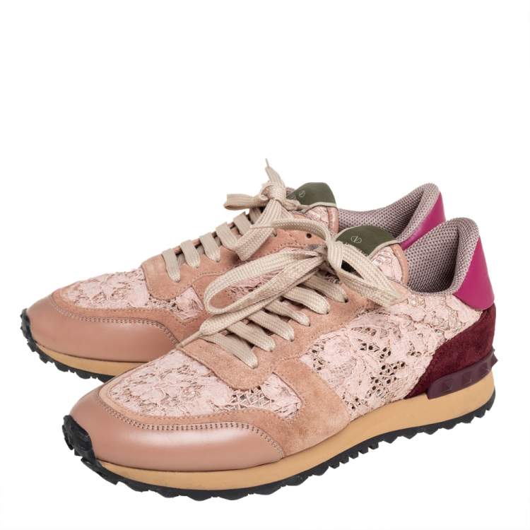 Pre Owned Valentino Pink Lace And Leather Rockrunner Sneakers Size 39.5