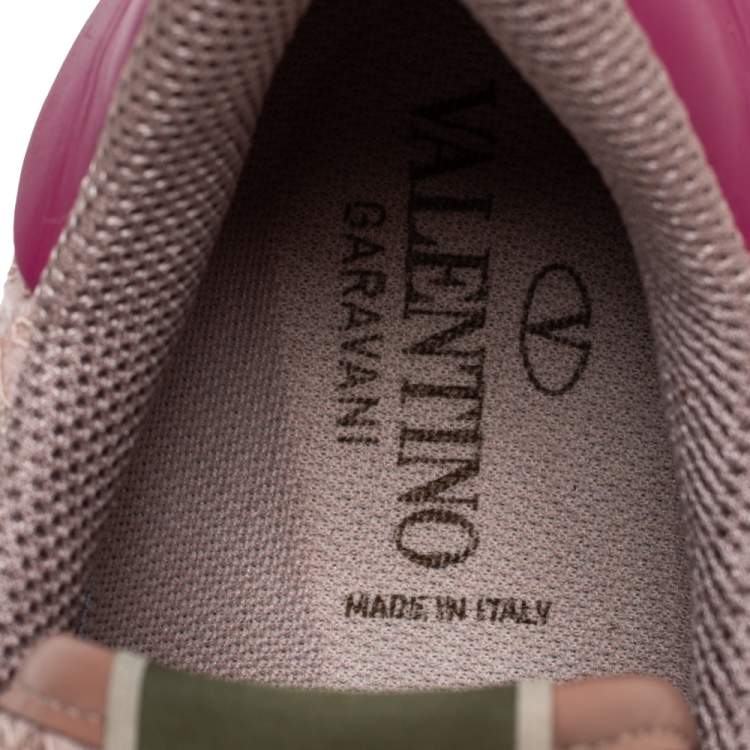 Pre Owned Valentino Pink Lace And Leather Rockrunner Sneakers Size 39.5