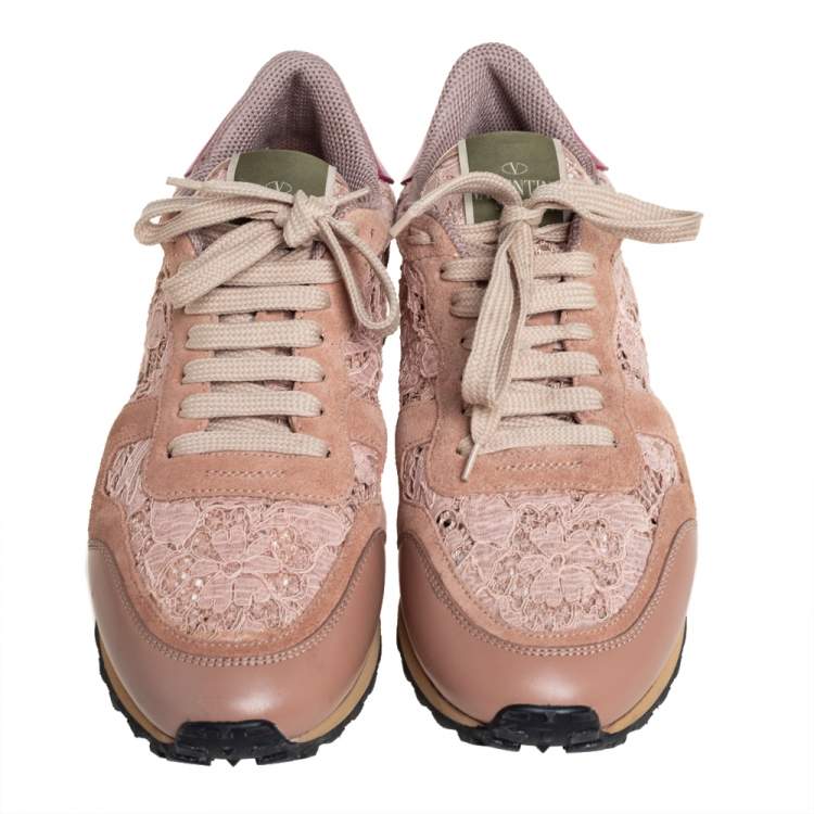 Pre Owned Valentino Pink Lace And Leather Rockrunner Sneakers Size 39.5