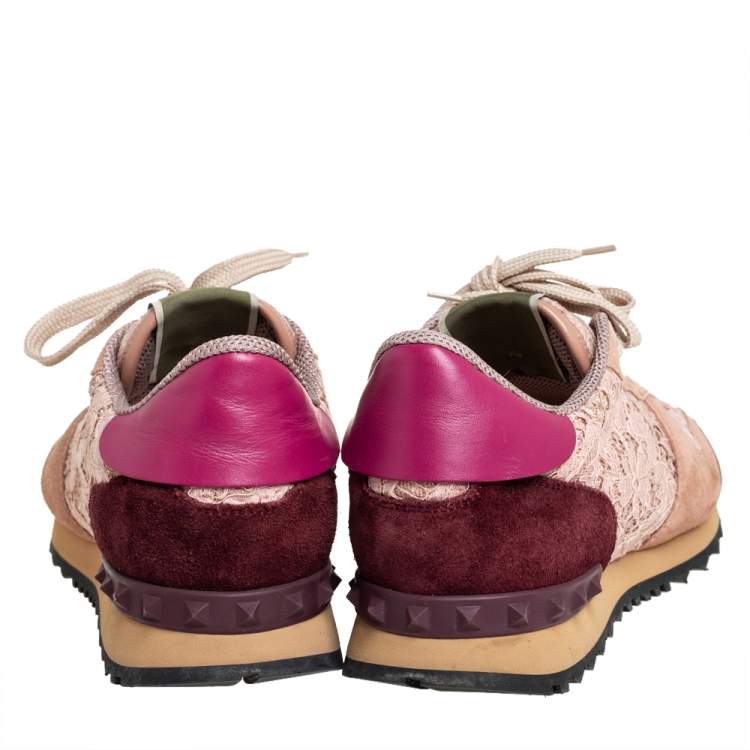 Pre Owned Valentino Pink Lace And Leather Rockrunner Sneakers Size 39.5