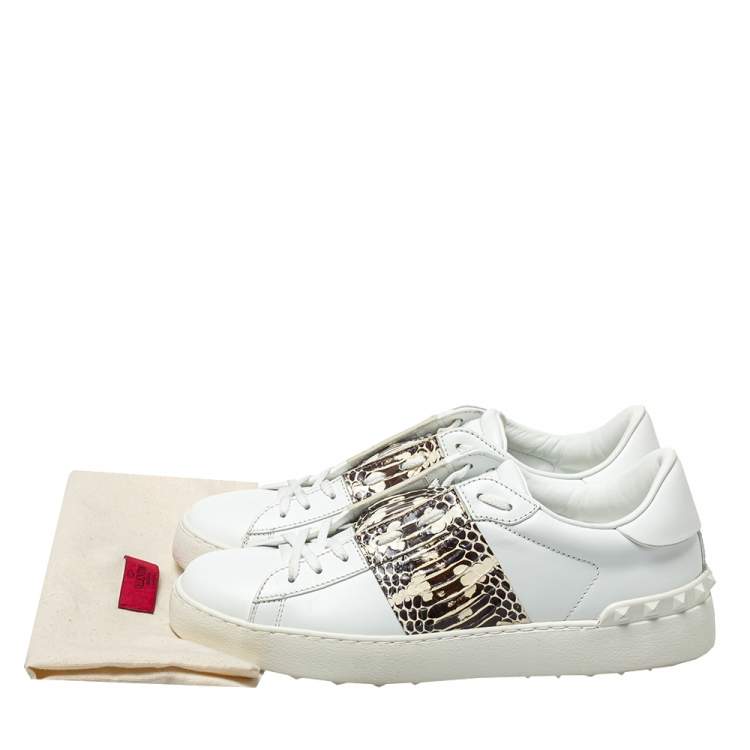Pre Owned Valentino White Leather, Python Embossed Leather Band Low Top Sneakers Size 40