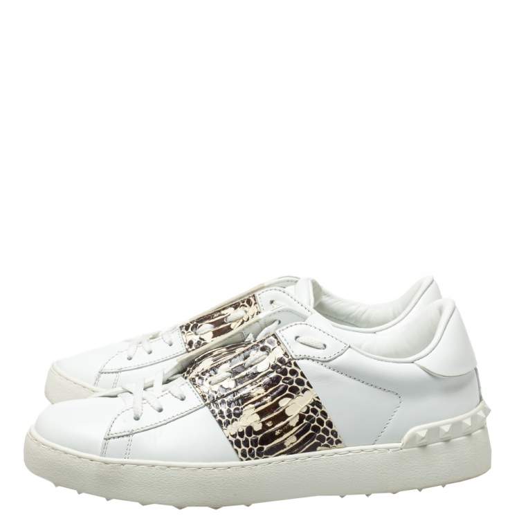 Pre Owned Valentino White Leather, Python Embossed Leather Band Low Top Sneakers Size 40