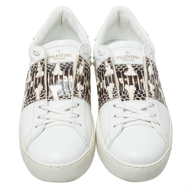 Pre Owned Valentino White Leather, Python Embossed Leather Band Low Top Sneakers Size 40