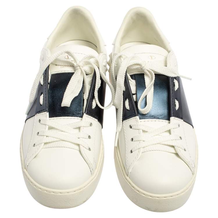 Pre Owned Valentino White Blue Leather Low Top Sneakers Size 36