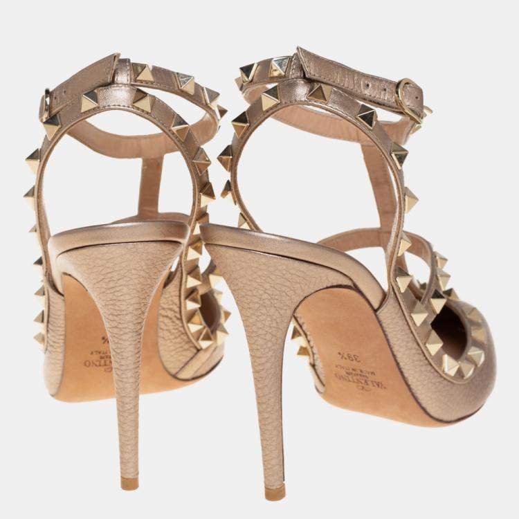 Pre Owned Valentino Gold Leather Rockstud  Ankle Strap Sandals Size 39.5 