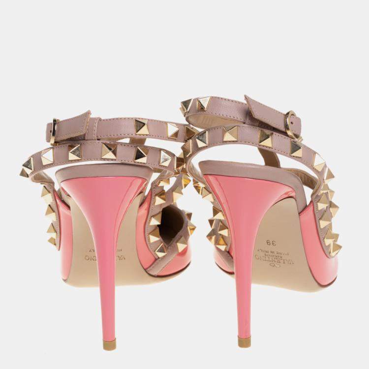 Pre Owned Valentino Pink Patent Leather Rockstud Ankle Strap Sandals Size 39