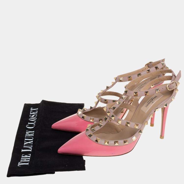 Pre Owned Valentino Pink Patent Leather Rockstud Ankle Strap Sandals Size 39