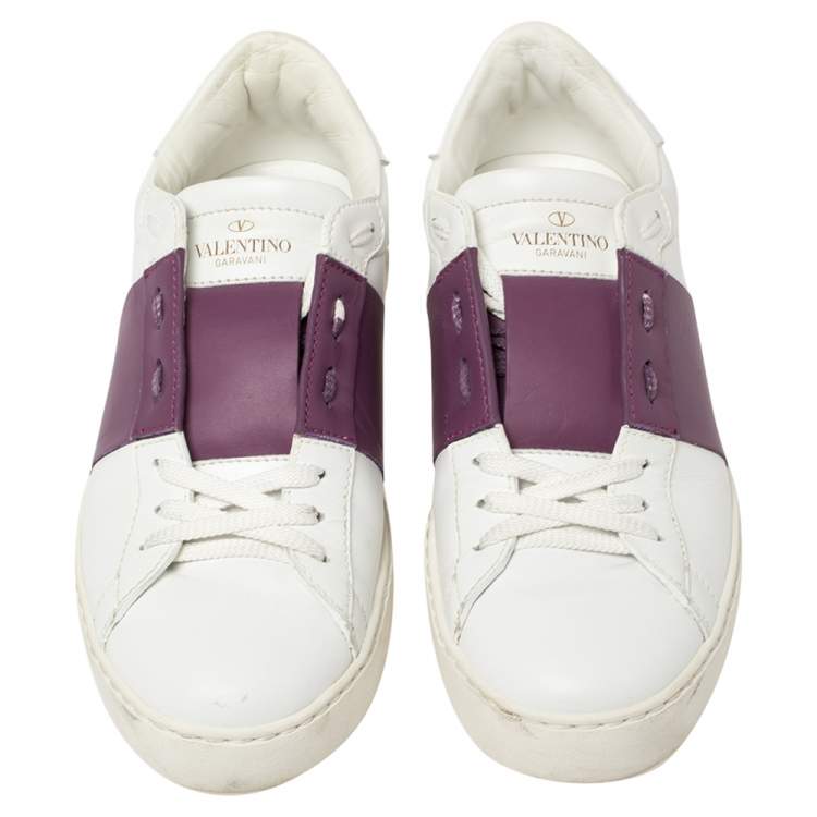Pre Owned Valentino White/Purple Leather Rockstud Low Top Sneakers Size 39