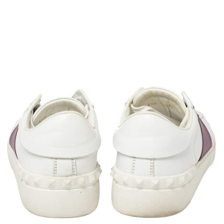 Pre Owned Valentino White/Purple Leather Rockstud Low Top Sneakers Size 39