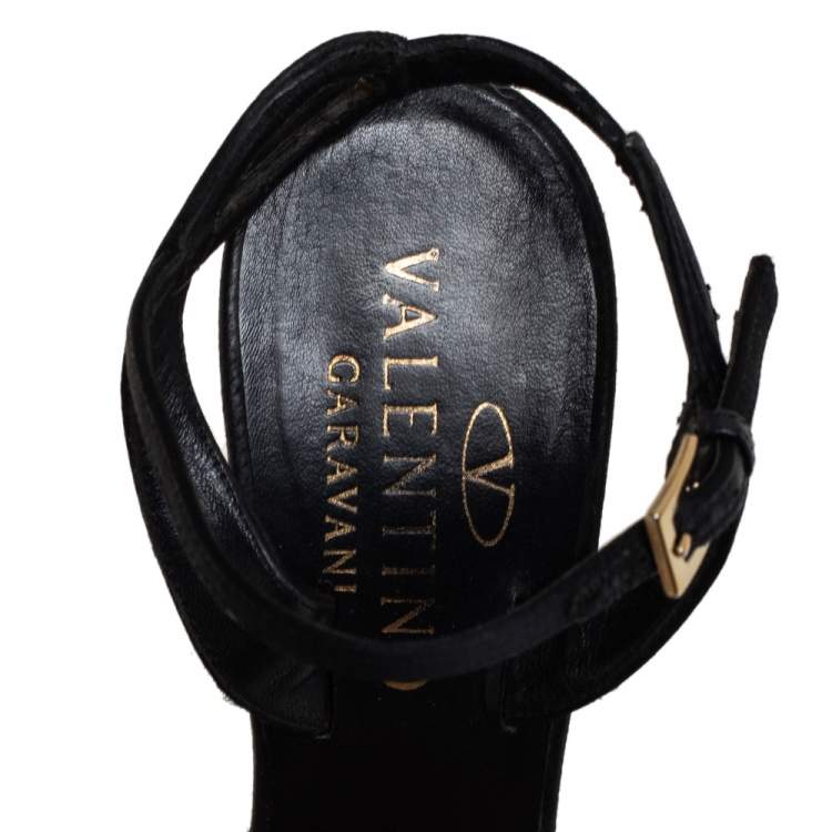 Pre Owned Valentino Black Satin Bow Crystal Embellished Ankle strap Sandals Size 37