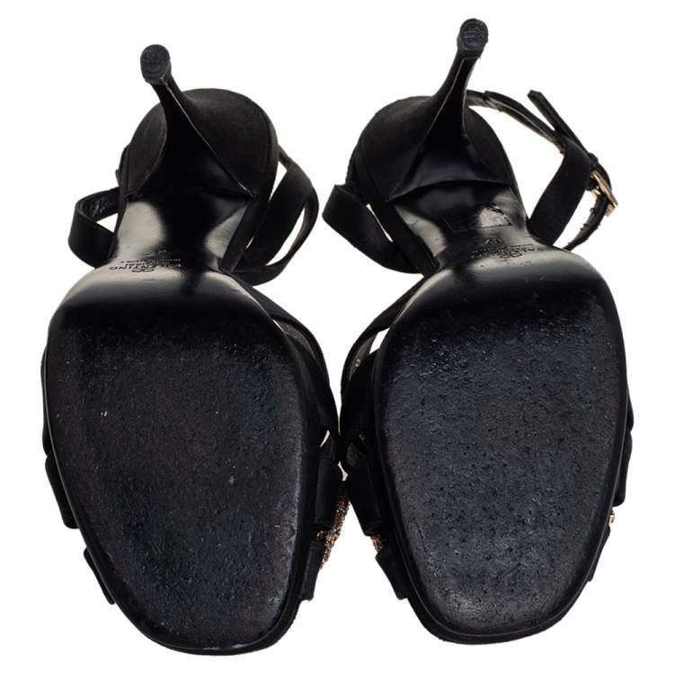 Pre Owned Valentino Black Satin Bow Crystal Embellished Ankle strap Sandals Size 37