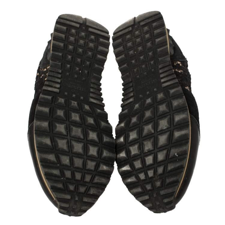 Pre Owned Valentino Black Suede And Lace Rockrunner Low Top Sneakers Size 37.5