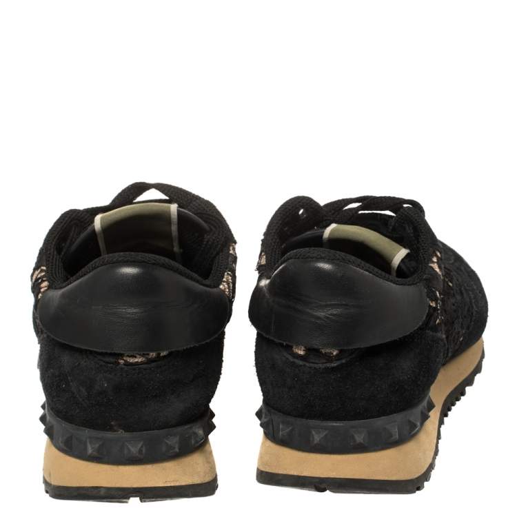 Pre Owned Valentino Black Suede And Lace Rockrunner Low Top Sneakers Size 37.5