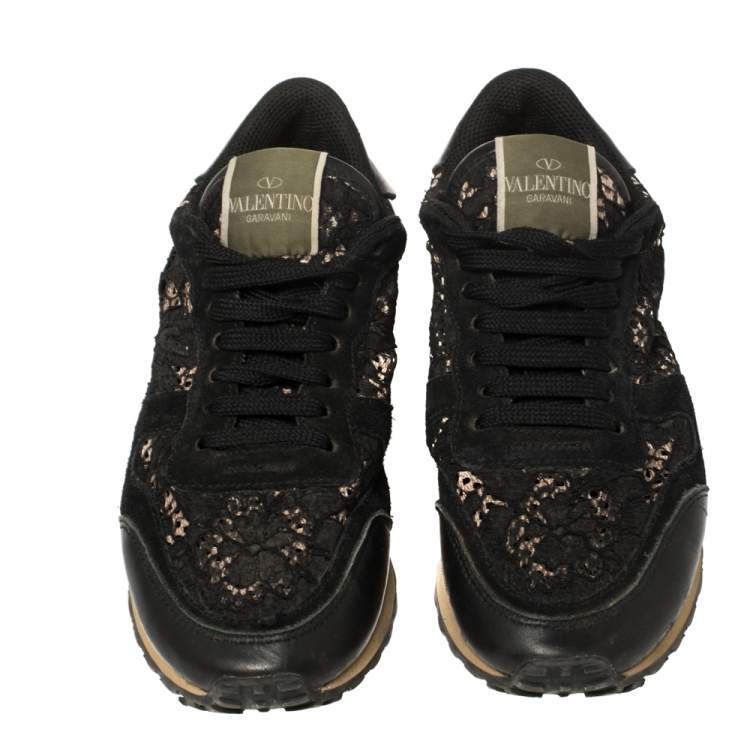 Pre Owned Valentino Black Suede And Lace Rockrunner Low Top Sneakers Size 37.5