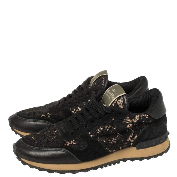 Pre Owned Valentino Black Suede And Lace Rockrunner Low Top Sneakers Size 37.5