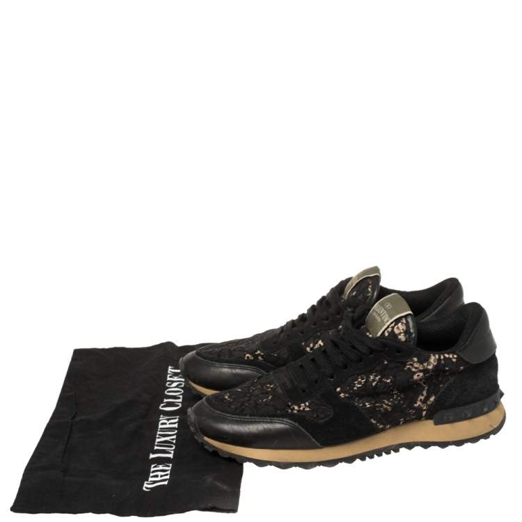 Pre Owned Valentino Black Suede And Lace Rockrunner Low Top Sneakers Size 37.5
