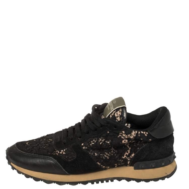 Pre Owned Valentino Black Suede And Lace Rockrunner Low Top Sneakers Size 37.5