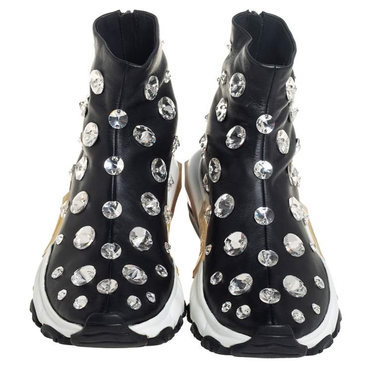 Pre Owned Valentino Black Leather Crystal Embellished High Top Sneakers Size 38