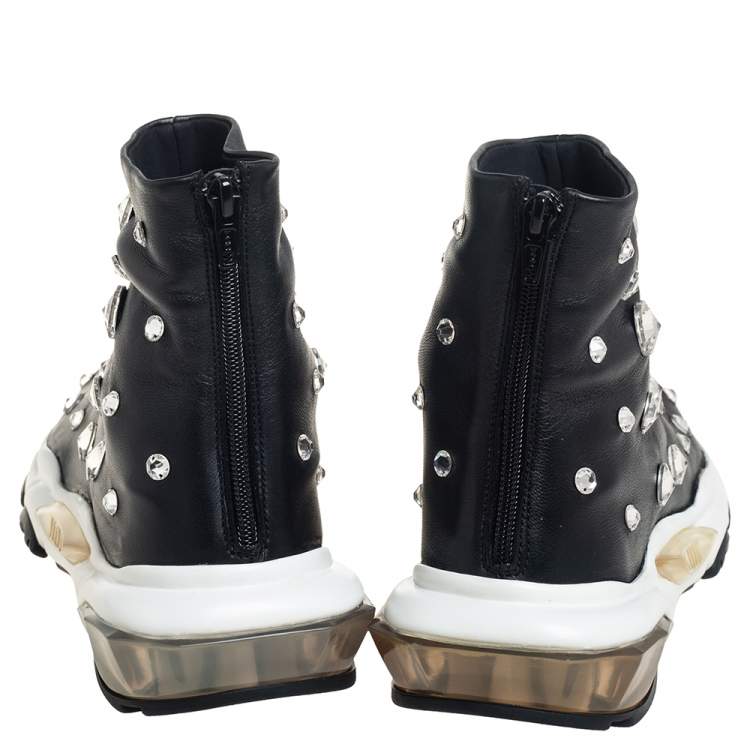 Pre Owned Valentino Black Leather Crystal Embellished High Top Sneakers Size 38