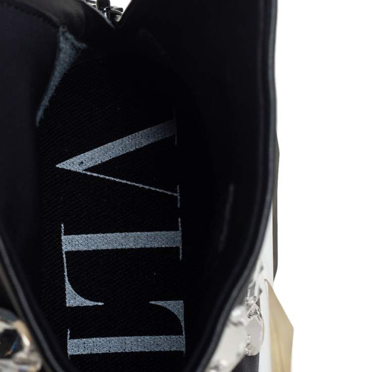 Pre Owned Valentino Black Leather Crystal Embellished High Top Sneakers Size 38