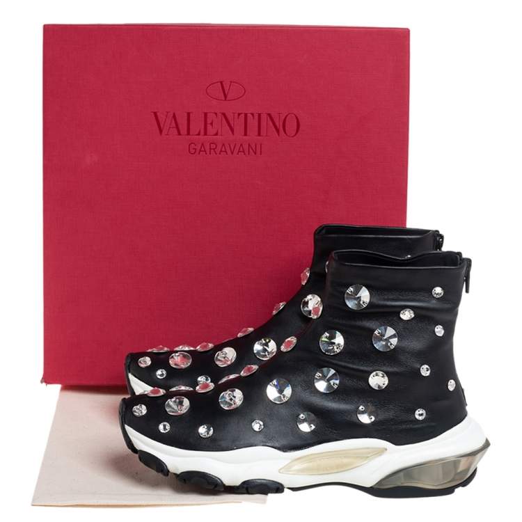 Pre Owned Valentino Black Leather Crystal Embellished High Top Sneakers Size 38