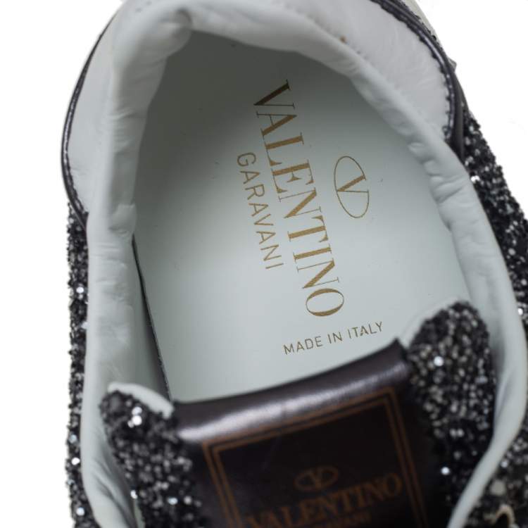 مملوكة مسبقًا Valentino Grey/White Glitter And Leather Flycrew Low Top Sneakers Size 40.5
