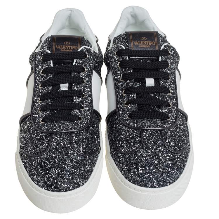 مملوكة مسبقًا Valentino Grey/White Glitter And Leather Flycrew Low Top Sneakers Size 40.5
