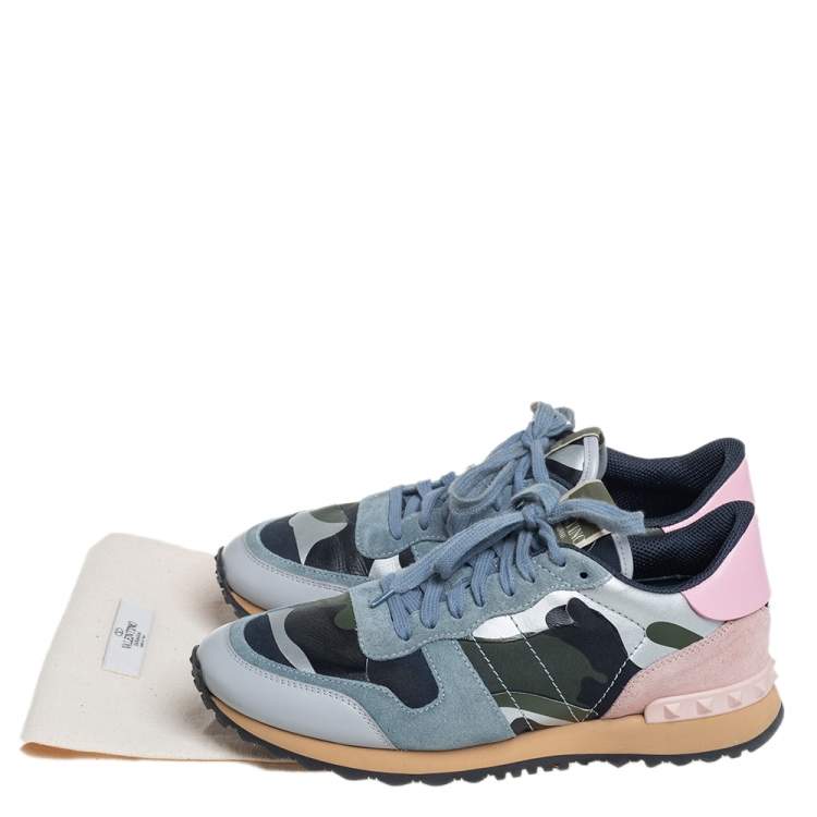 Pre Owned Valentino Multicolor Camouflage Leather And Suede Rockrunner Sneakers Size 39.5