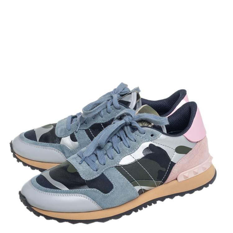 Pre Owned Valentino Multicolor Camouflage Leather And Suede Rockrunner Sneakers Size 39.5