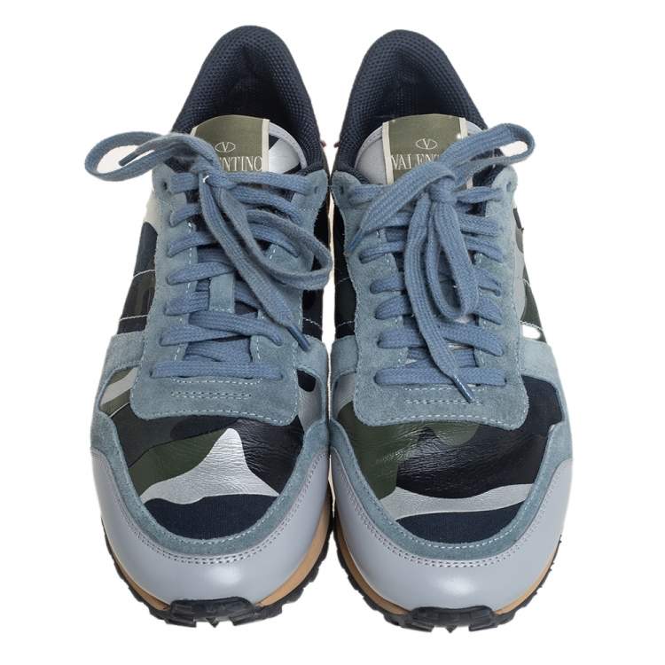 Pre Owned Valentino Multicolor Camouflage Leather And Suede Rockrunner Sneakers Size 39.5