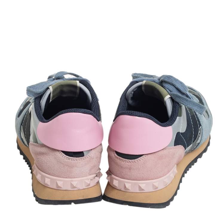 Pre Owned Valentino Multicolor Camouflage Leather And Suede Rockrunner Sneakers Size 39.5