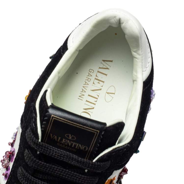 Pre Owned Valentino Black/White Suede And Leather Embellished Low Top Sneakers Size 35