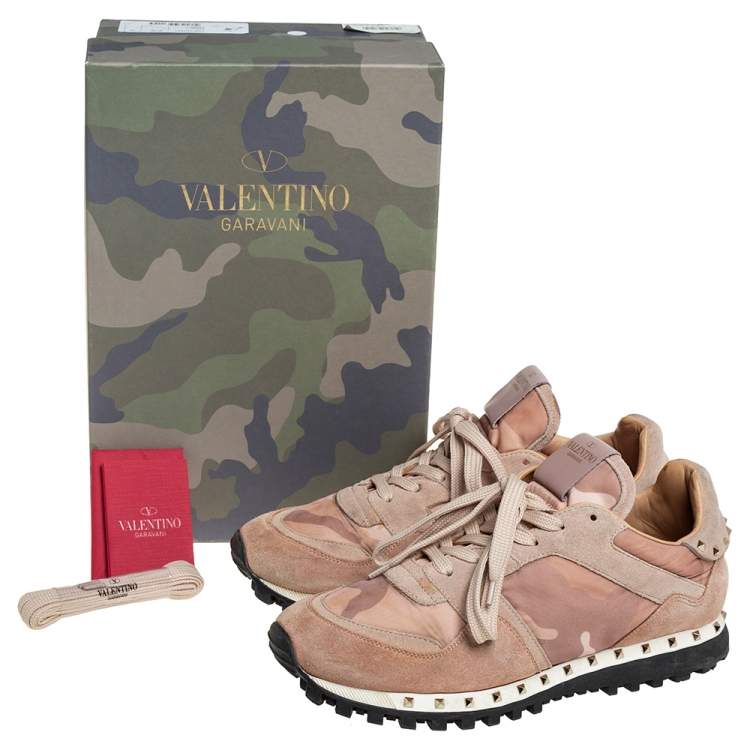 Pre Owned Valentino Beige Canvas And Suede Rockrunner Sneakers Size 39