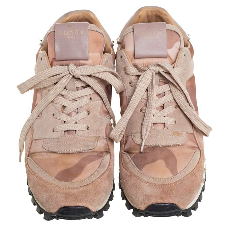Pre Owned Valentino Beige Canvas And Suede Rockrunner Sneakers Size 39