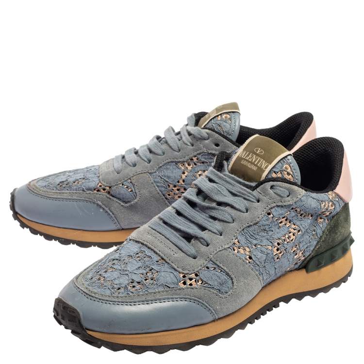 Pre Owned Valentino Slate Blue Lace and Suede Rockrunner Sneakers Size 37