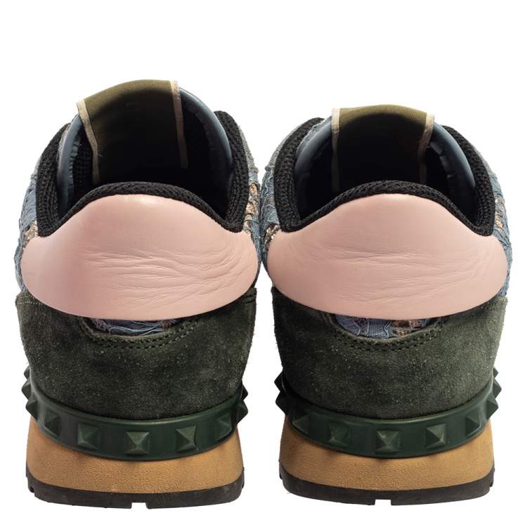 Pre Owned Valentino Slate Blue Lace and Suede Rockrunner Sneakers Size 37