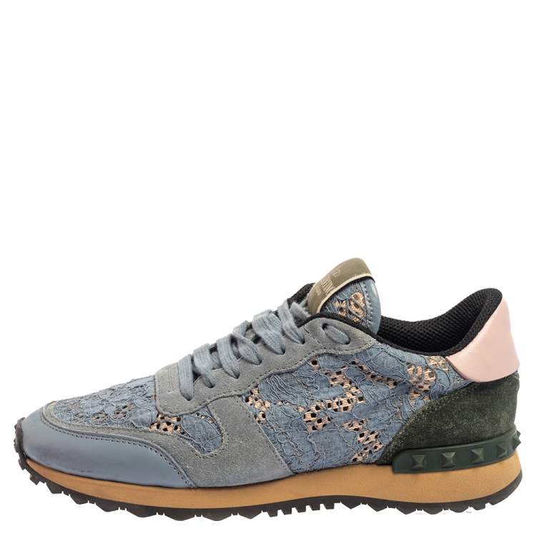 Pre Owned Valentino Slate Blue Lace and Suede Rockrunner Sneakers Size 37