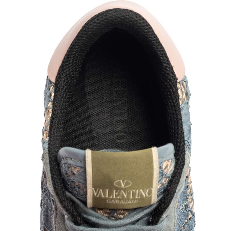 Pre Owned Valentino Slate Blue Lace and Suede Rockrunner Sneakers Size 37