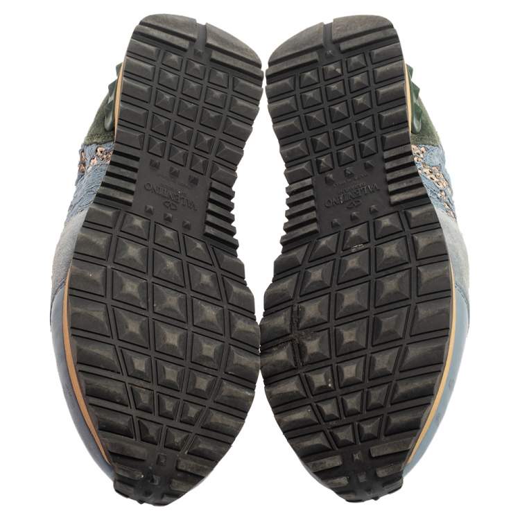 Pre Owned Valentino Slate Blue Lace and Suede Rockrunner Sneakers Size 37